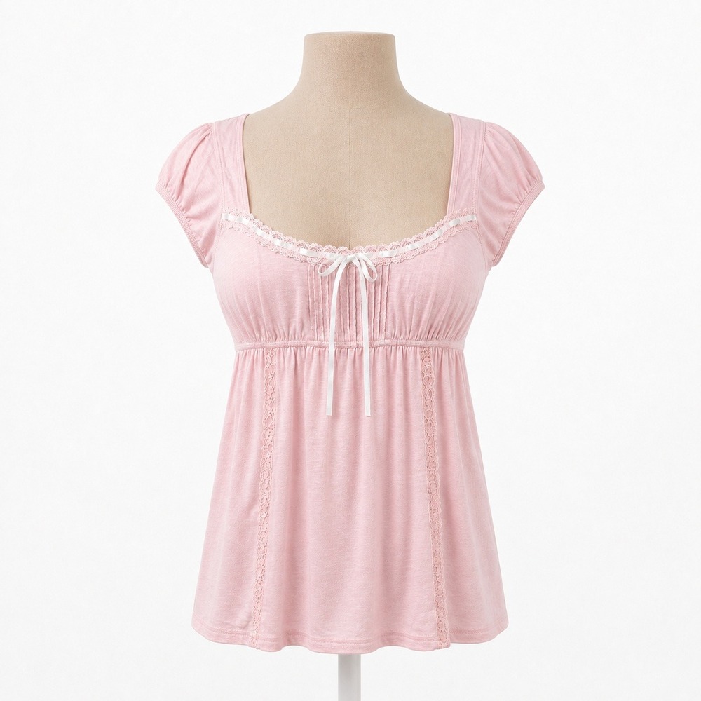 Coquette Fairy Lace Babydoll Top Size S Pink Bow Cottagecore Romantic Bella Y2K